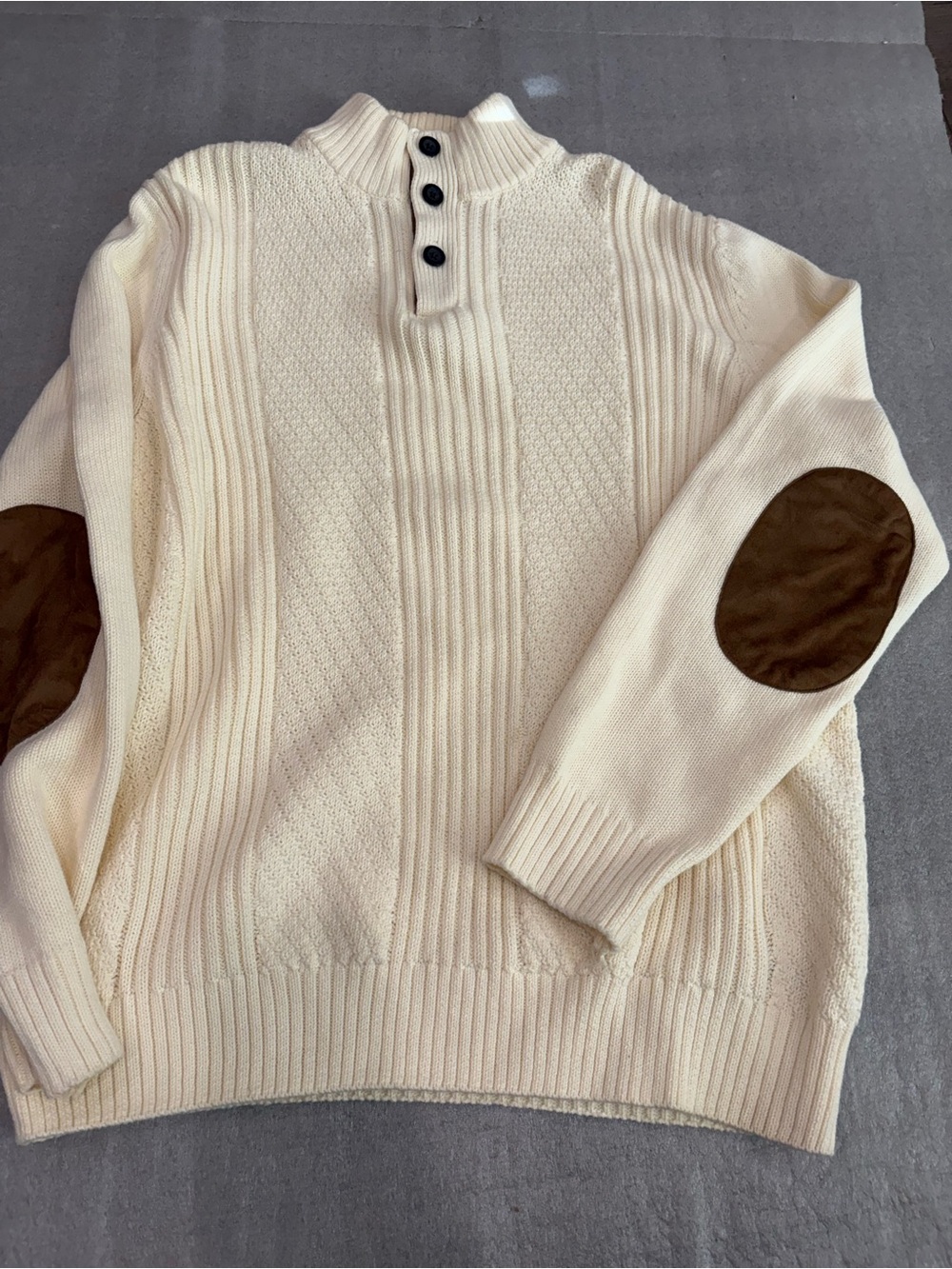 Chaps Cream Mixed Knit Half-Placket Cotton Sweater with Brown Elbow Patches